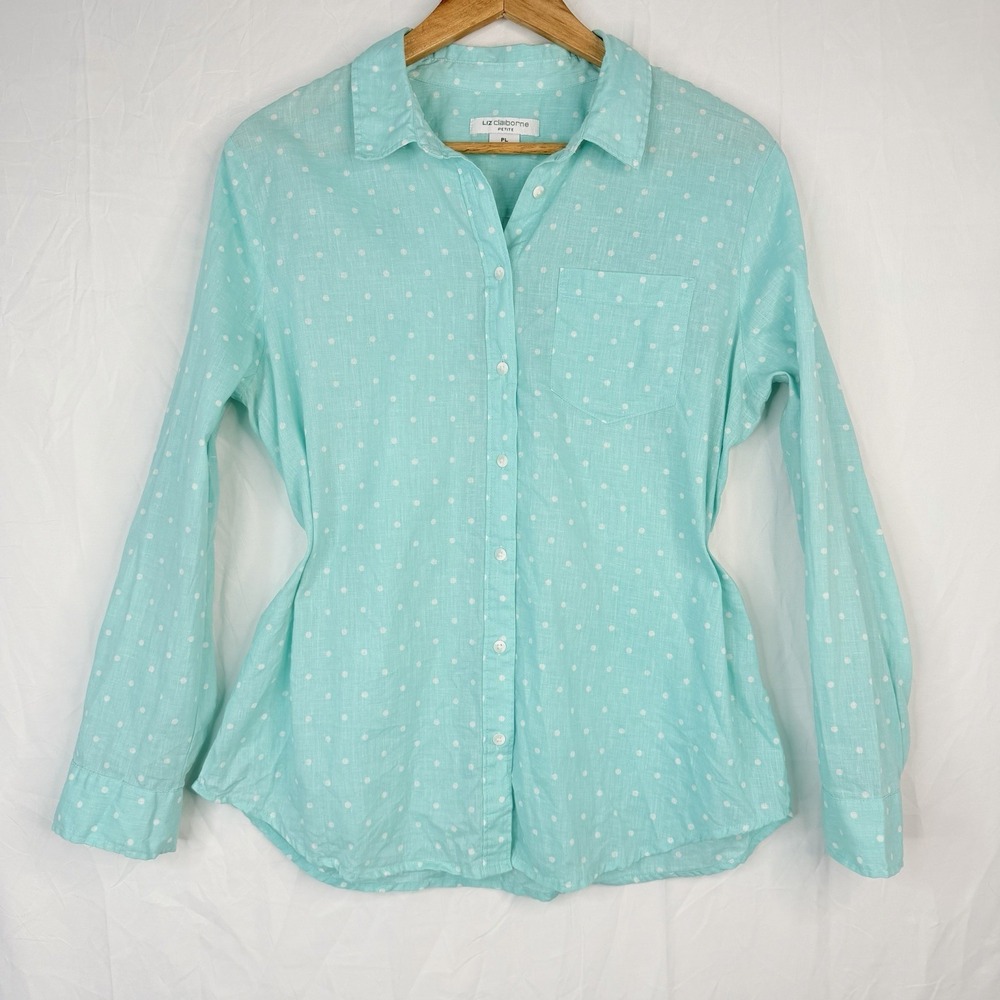 Liz Claiborne Polka Dot Seafoam Linen/Cotton Button‎ Down Blouse Woman's SZ-PL
